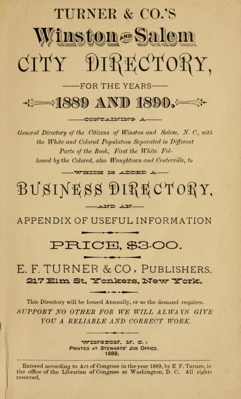 Turner & Co.'s Winston and Salem city directory for the years ... [1889-1890]
