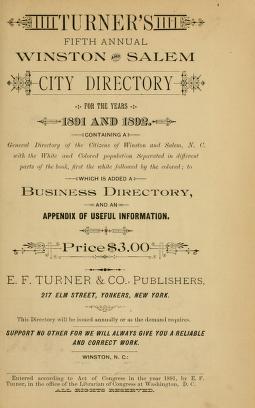 Turner's Winston and Salem city directory for the years ... [1891-1892]