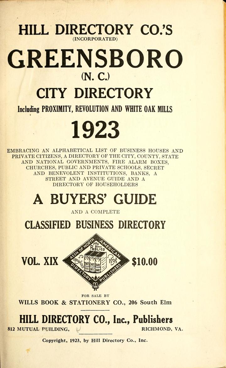 Hill Directory Co's Greensboro, N.C. city directory including Proximity, Revolution and White Oak Mills 1923
