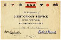 Certificate for war work from United Service Organizations