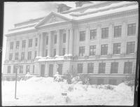 Snow-covered view of the Guilford County Courthouse in downtown Greensboro