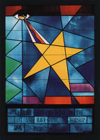 Postcard image of stained glass window at At James Presbyterian Church