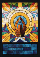 Postcard image of stained glass window at At James Presbyterian Church